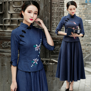 新款秋装斜襟盘扣旗袍时尚改良复古短款唐装茶服清新女中式上衣