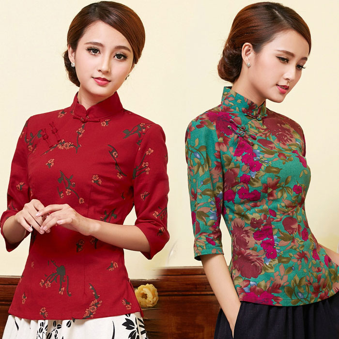 春秋麻棉旗袍上衣女装亚麻中袖