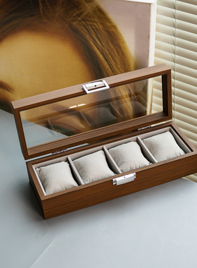 手表收纳盒 4位黑胡桃木纹灰色绒丝绵枕机械表名表收藏展示盒防尘