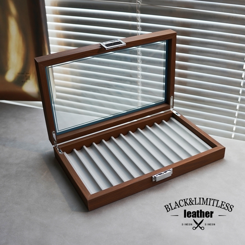 12格钢笔收纳盒大容量黑胡桃木纹收藏透明展示陈列盒笔收纳礼品盒