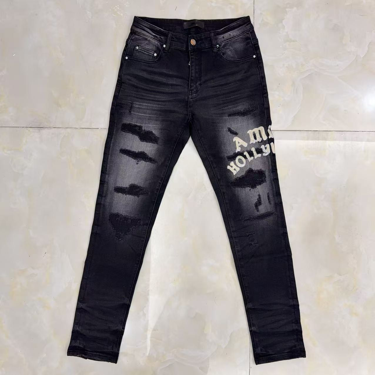 欧美风潮牌AMR黑色新款牛仔裤破洞补丁印花植绒时尚弹力长裤子男
