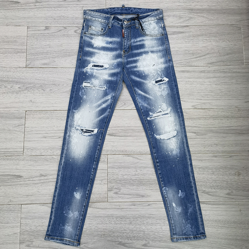 雅痞潮牌d2牛仔裤男新款欧美范同款修身骚气多工艺破洞补丁长裤子