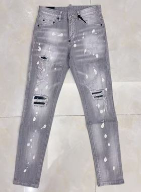 欧美潮牌d2牛仔裤男烟灰色修身破洞印花补丁弹力时尚个性长裤子男