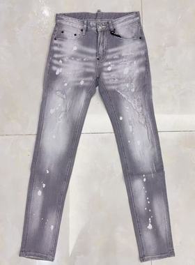 欧美风潮牌d2烟灰色新款牛仔裤破洞补丁印花个性时尚弹力长裤子男
