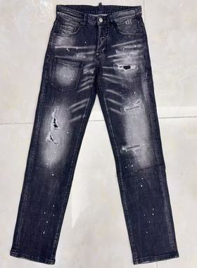 雅痞潮牌d2牛仔裤男黑灰色纽扣破洞印花弹力时尚夜店个性长裤子男