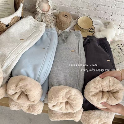 马年儿童加厚羊驼绒刺绣卫裤秋冬洋气宝宝新款收口裤男女童运动裤
