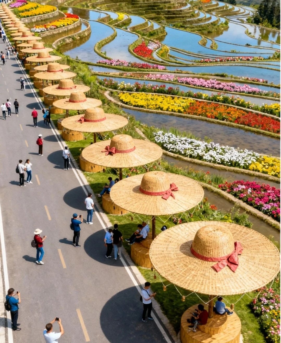 巨型藤编草帽凉亭手工编织帽子户外景观大型藤编草帽网红打卡拍照