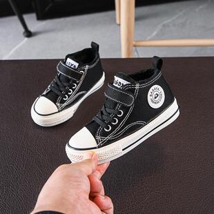 芭芭鸭儿童帆布鞋冬季保暖加绒高帮二棉鞋男女童宝宝透气休闲板鞋
