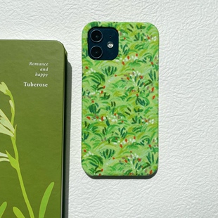 定制手工小众春日清新绿草布艺手机壳iPhone13141516Promax