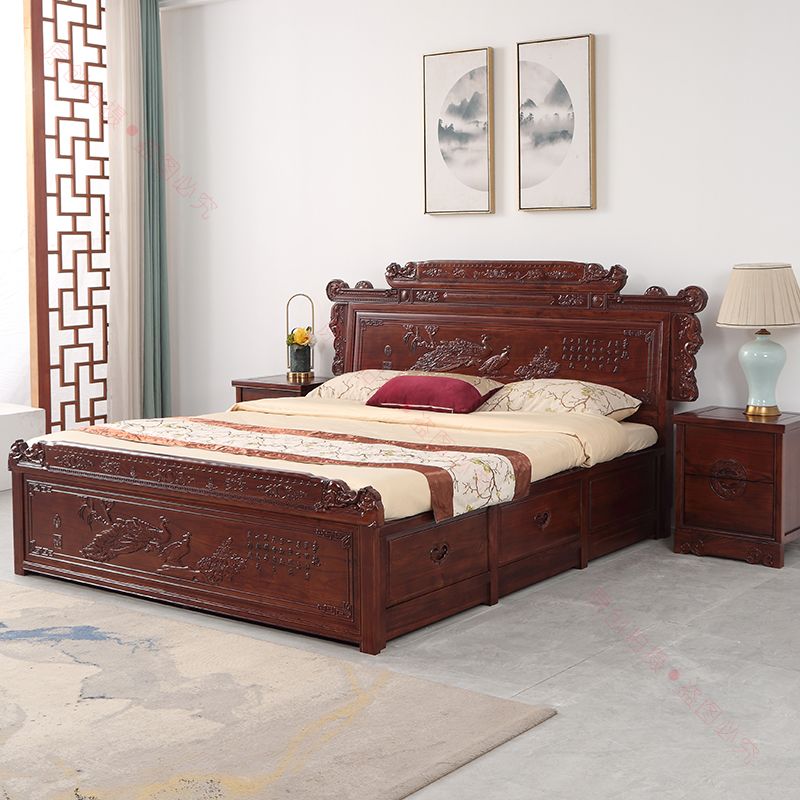 北方老榆木大床古典乡村中式榫卯高档豪华木床雕花双人床实木家居