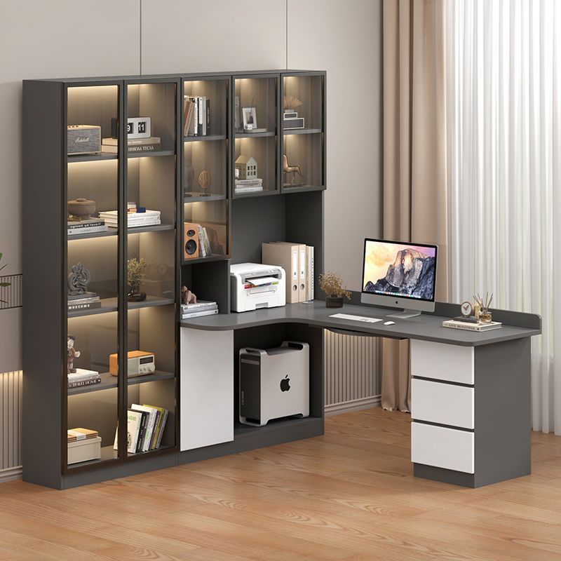 实木转角书桌书架书柜一体轻奢组合学习桌家用卧室写字台式电脑桌