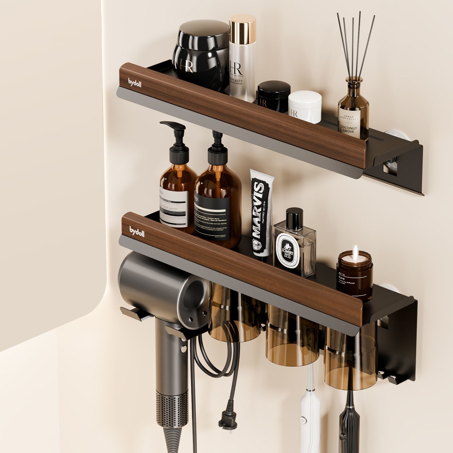 卫生间壁挂置物架家用卫浴碳钢吸盘化妆品洗漱杯牙刷收纳整理角架