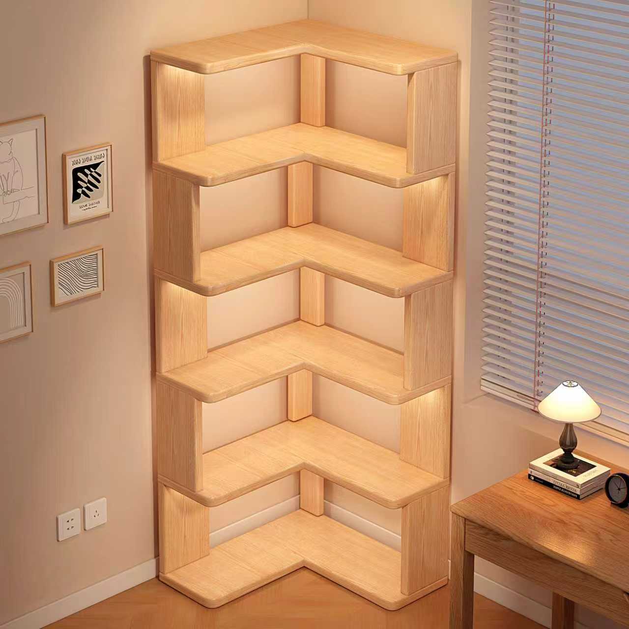 转角书架 置物架 落地 儿童靠墙 实木书柜 家用拐角 简易收纳架子