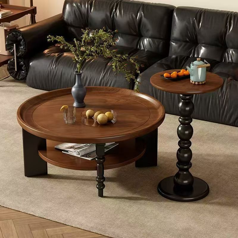 中古风实木茶几复古风圆形组合客厅家用储物柜高级感落地电视机柜