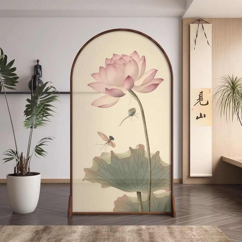 新中式屏风隔断客厅入户玄关家用办公室酒店卧室遮挡木质荷花座屏