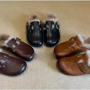 女士复古加绒勃肯鞋冬季保暖厚平底外穿一脚蹬包头半拖鞋
