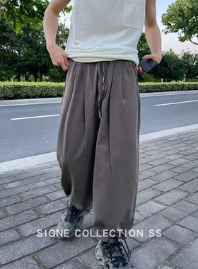 西格尼SIGNE 男士九分裤抽绳透气纯色基础长筒休闲裤日系宽松长裤
