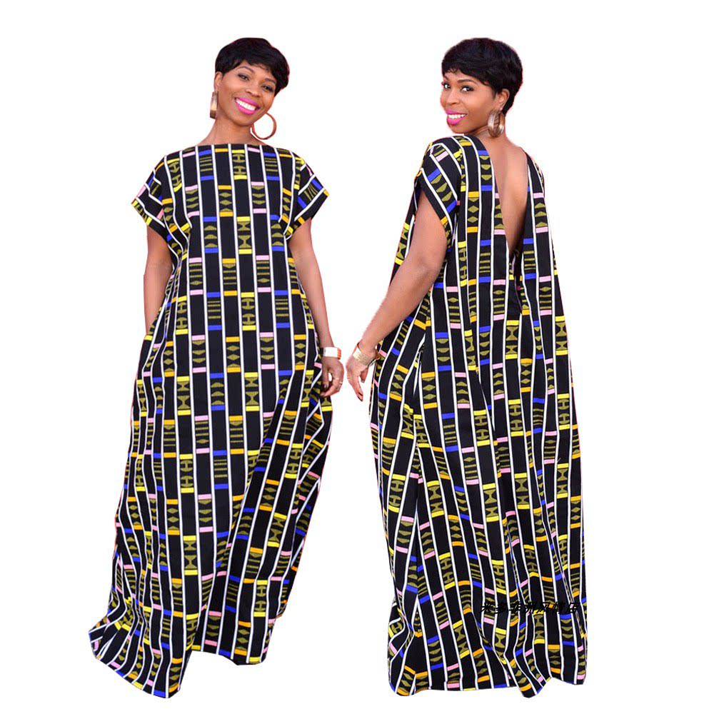欧美女装非洲露背彩色格子宽松显瘦连衣裙长裙africa dress skirt