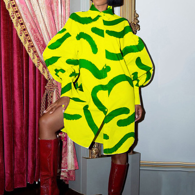 长袖印花泡泡宽松大码衬衫欧美