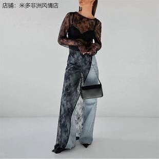 开叉不对称连衣裙Dress Skirt 锦蕾丝圆领长袖 性感黑色透视装