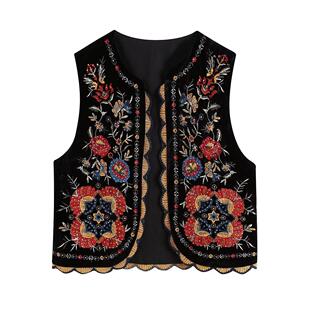 女装欧美圆领花朵刺绣花边无袖背心马甲外套Women's vest top