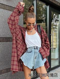 Women's shirts美式红色苏格兰格纹古着衬衫女休闲宽松长袖衬衣