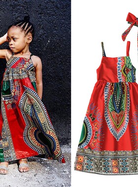 欧美女童非洲无袖吊带连衣长裙子两件套童装African kid clothes