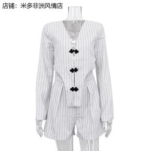 女装中式小众设计感长袖深V上衣外套高腰短裤条纹套装women suit