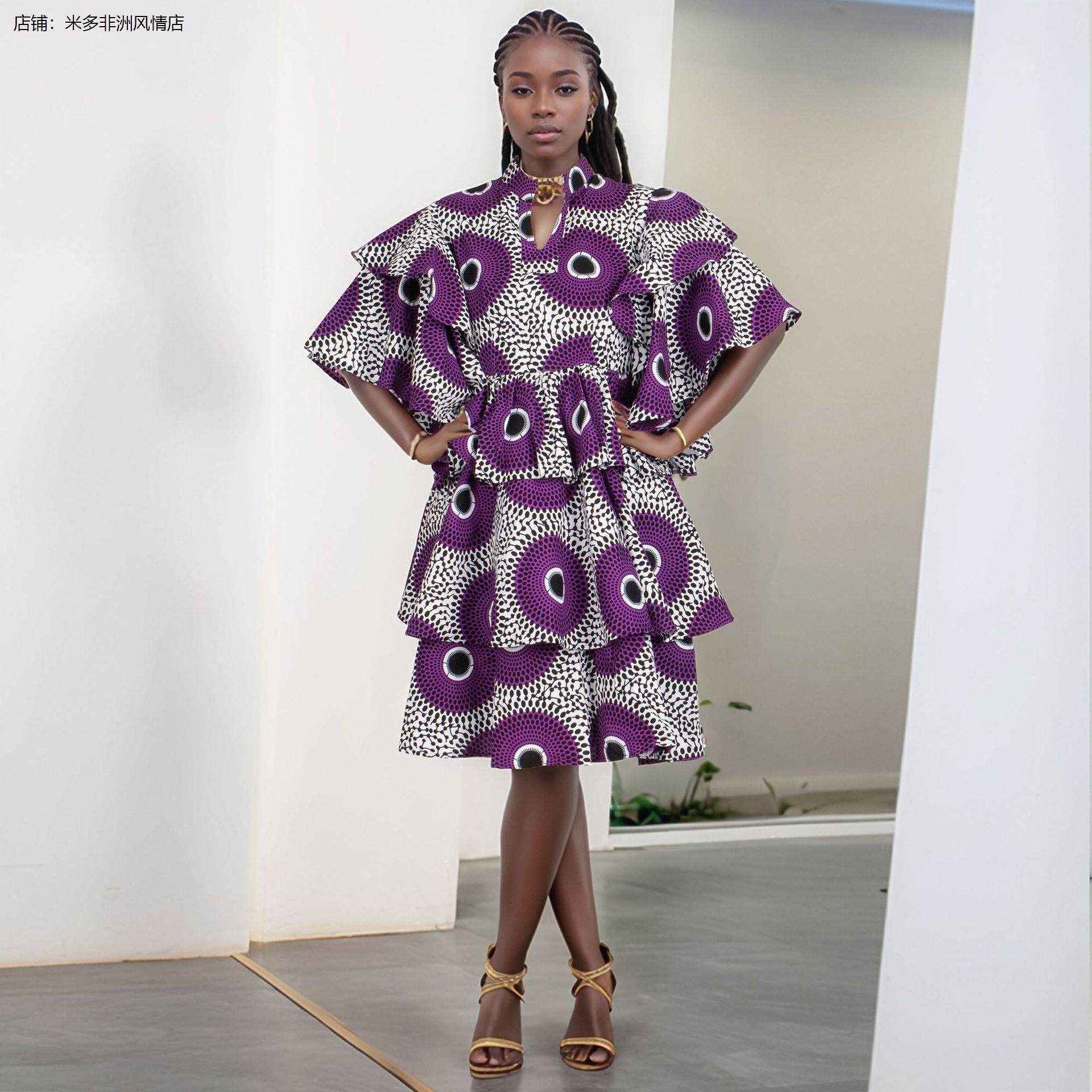 定制 非洲女蜡染蛋糕群 中袖层次女士连衣裙African batik dress