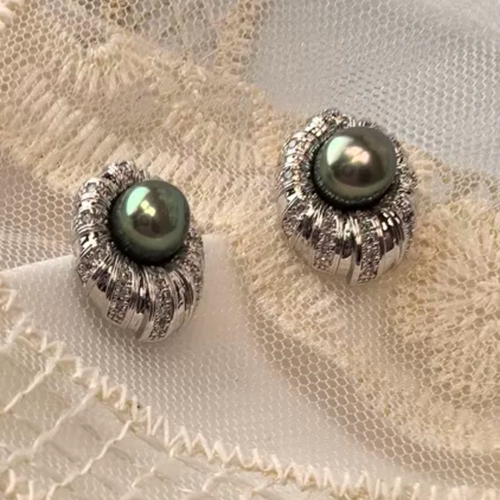 原创设计款纯银针镀白金孔雀绿珍珠耳钉