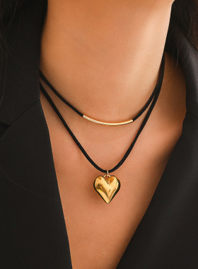 欧美跨境饰品 黑绳绒布几何小爱心项链 简约弯管heart Necklace