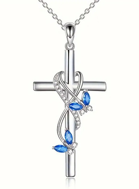 Temu跨境爆款时尚精致女式项链优雅蝴蝶天使之翼十字架吊坠项链