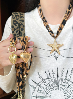 甜酷辣妹美拉德咖色豹纹丝巾海星爱心项链欧美个性夸张高级感颈链