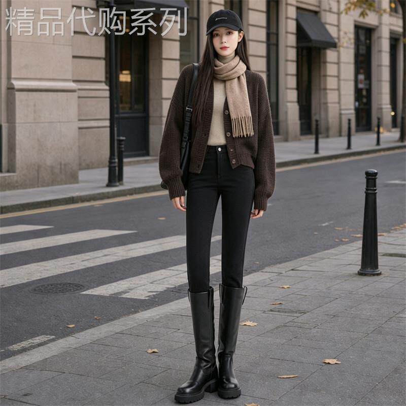 潮牌高腰黑色小脚牛仔裤女加绒新款紧身显瘦九分弹力铅笔靴裤子