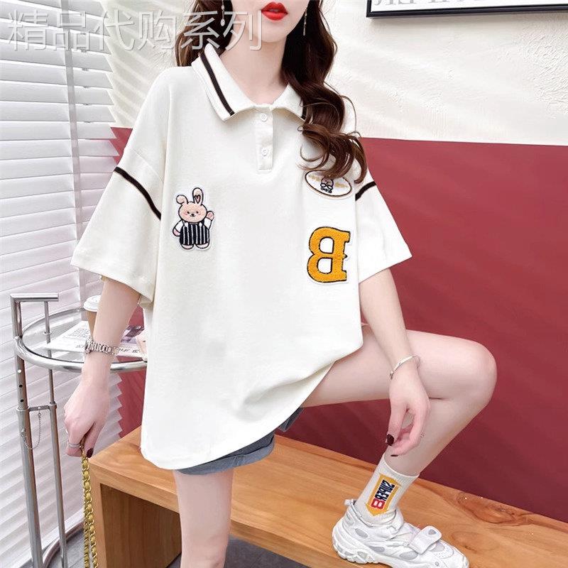 polo领短袖t恤女2025夏季新款大版宽松卡通刺绣中长版半袖上衣潮