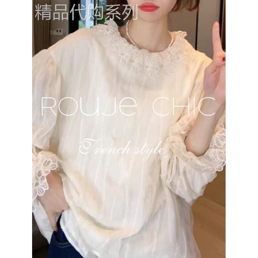 法国rouje chic秋季法式米白色设计感双层蕾丝花朵领口衬衫上衣女
