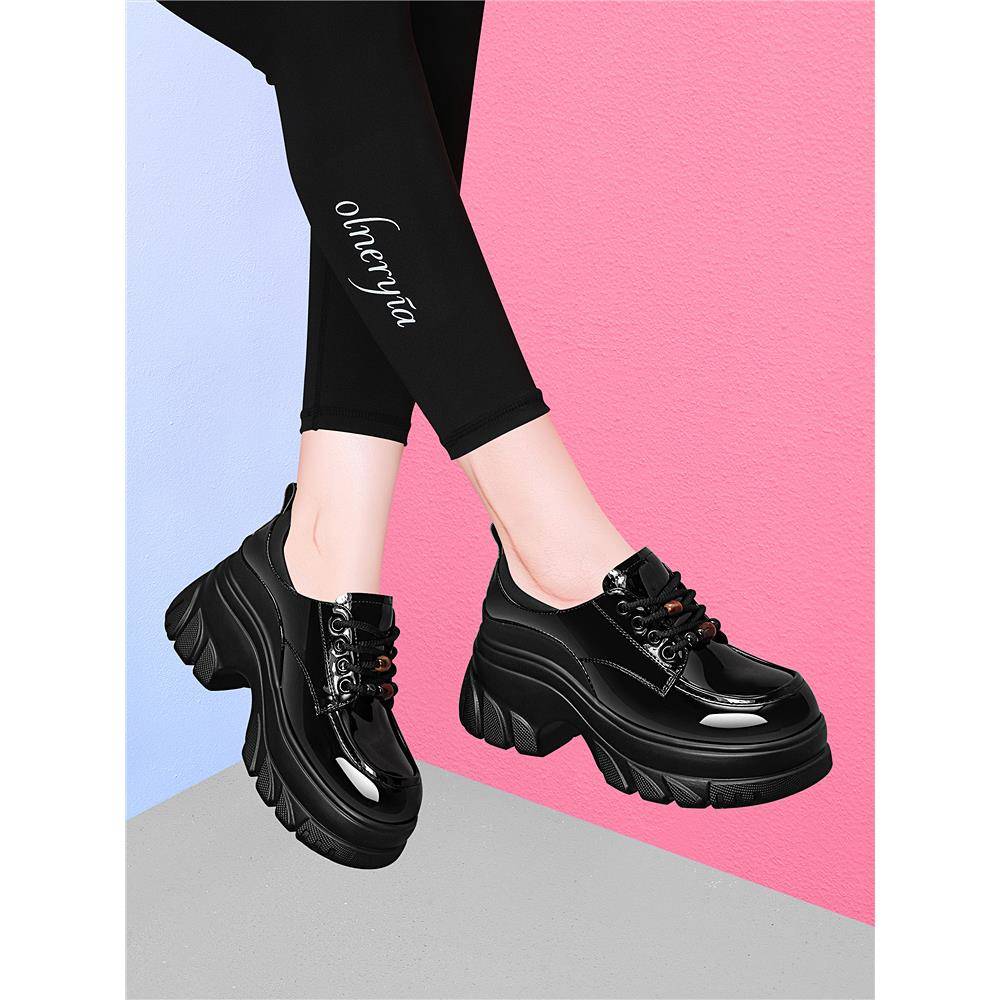 REMNY ZCCI乐福鞋女2025新款春秋黑色高跟鞋厚底英伦风小皮鞋百搭