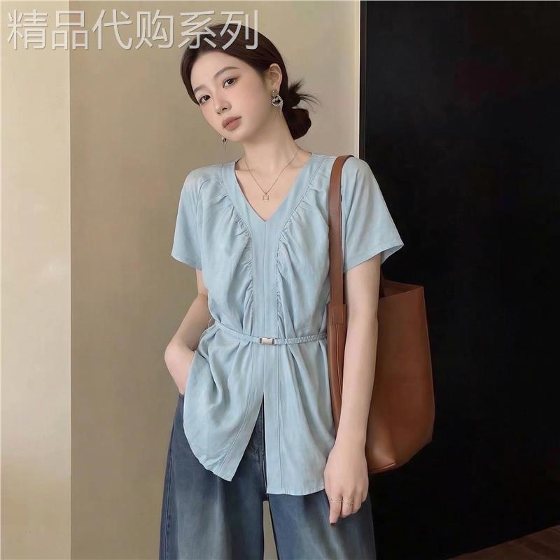 WFYO/浅蓝色V领正肩短袖衬衫女2026夏新款大码胖mm收腰显瘦上衣潮