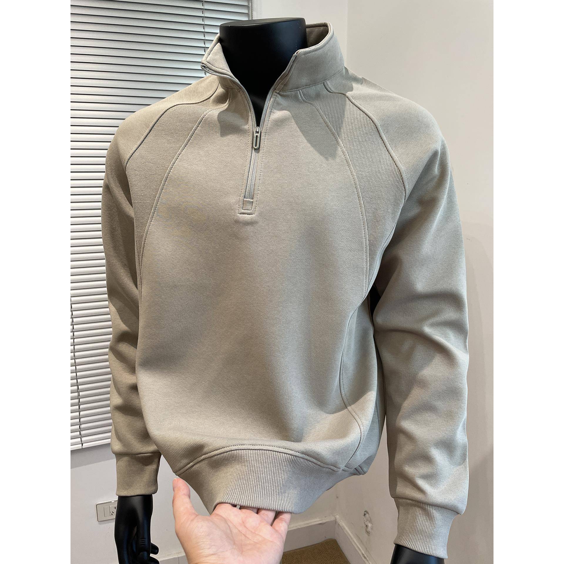 Home Daily~美式重磅半拉炼套头卫衣男拼接宽松微阔百搭立领T恤男