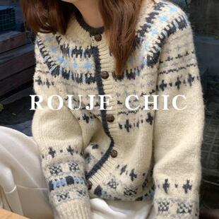 法国rouje chic复古费尔岛提花圆领毛衣外套女秋季撞色条纹针织衫