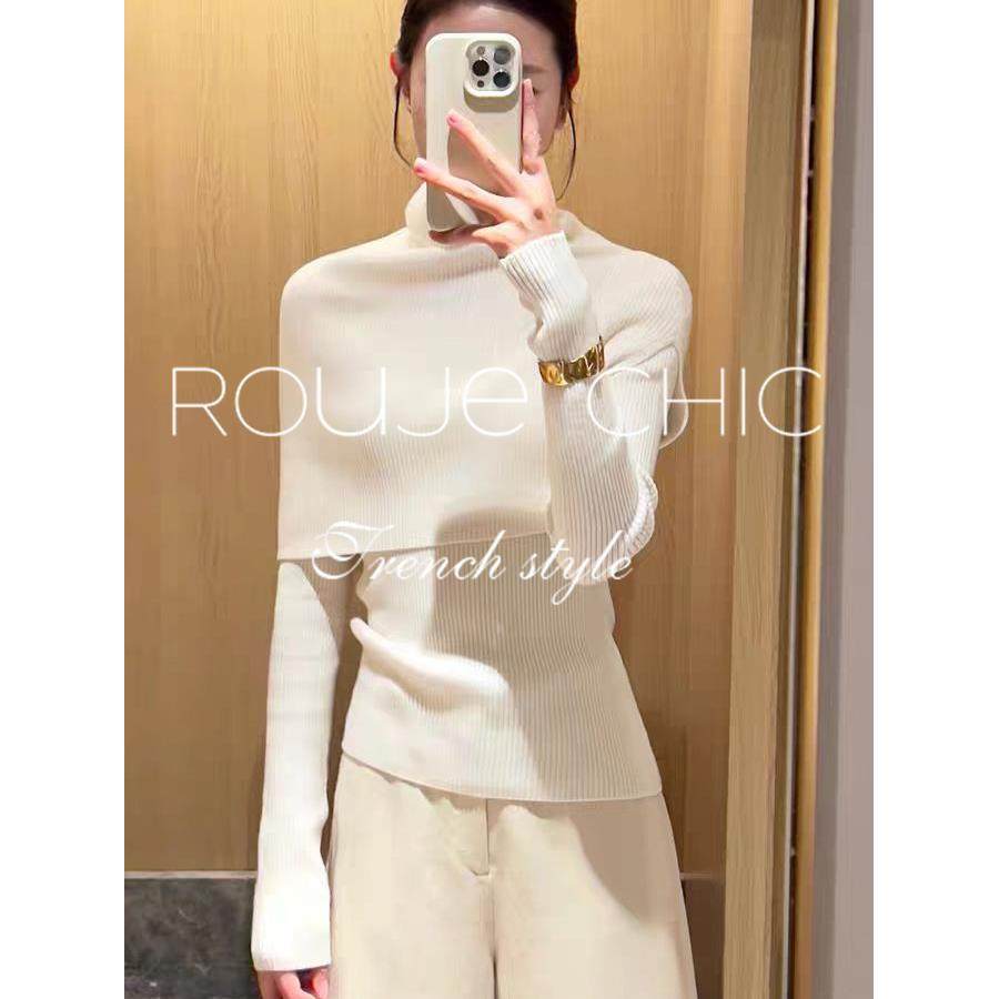 法国rouje chic秋冬季法式白色披肩斗篷针织衫高领褶毛衣两件套女
