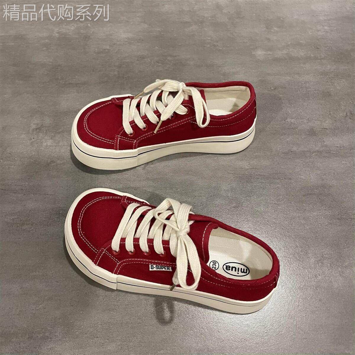 香港真皮红色薄款帆布鞋子女夏季2026新款透气软厚底大头休闲板鞋