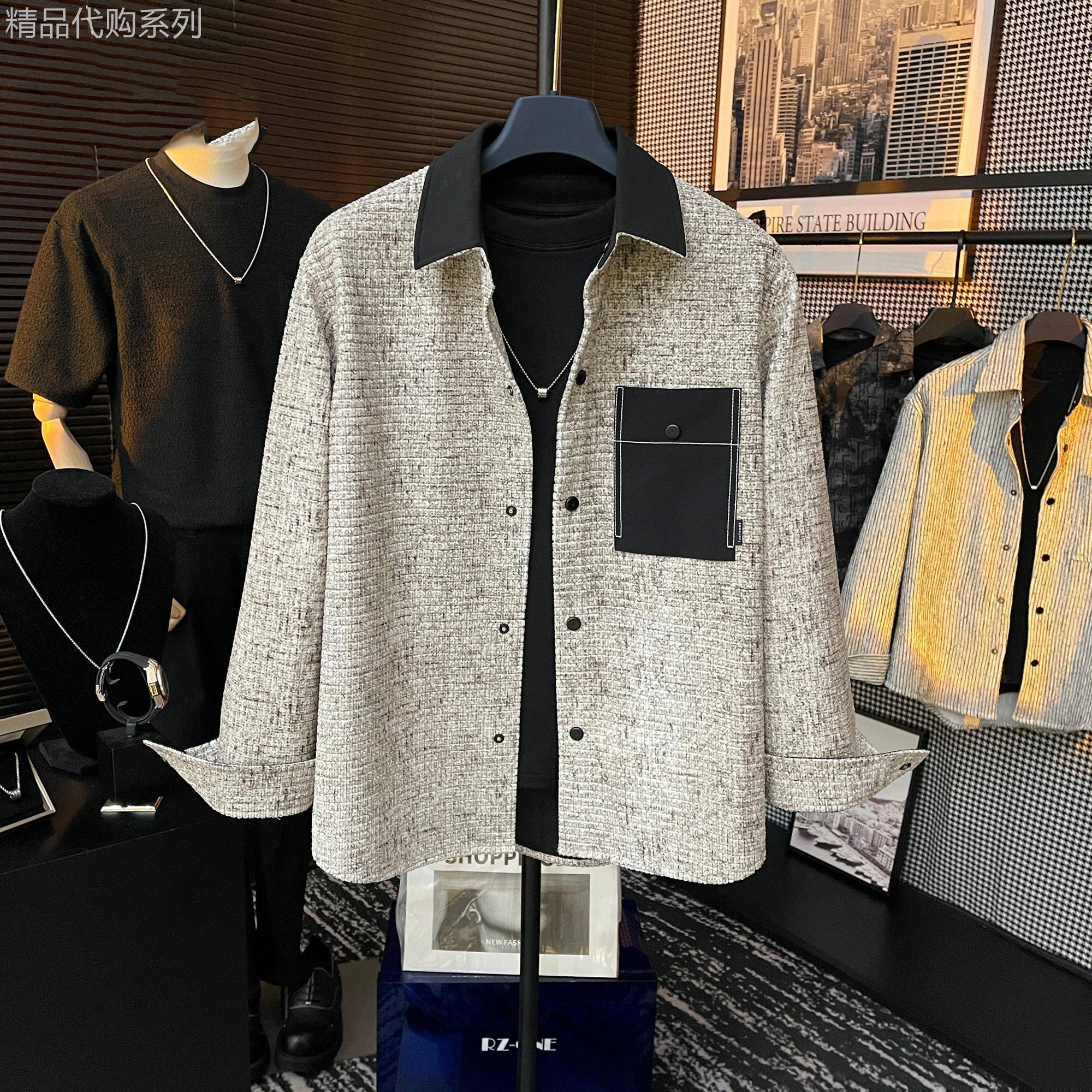 潮牌高级感帅气百搭纯色小香风衬衫休闲翻领长袖高定外套男秋季潮