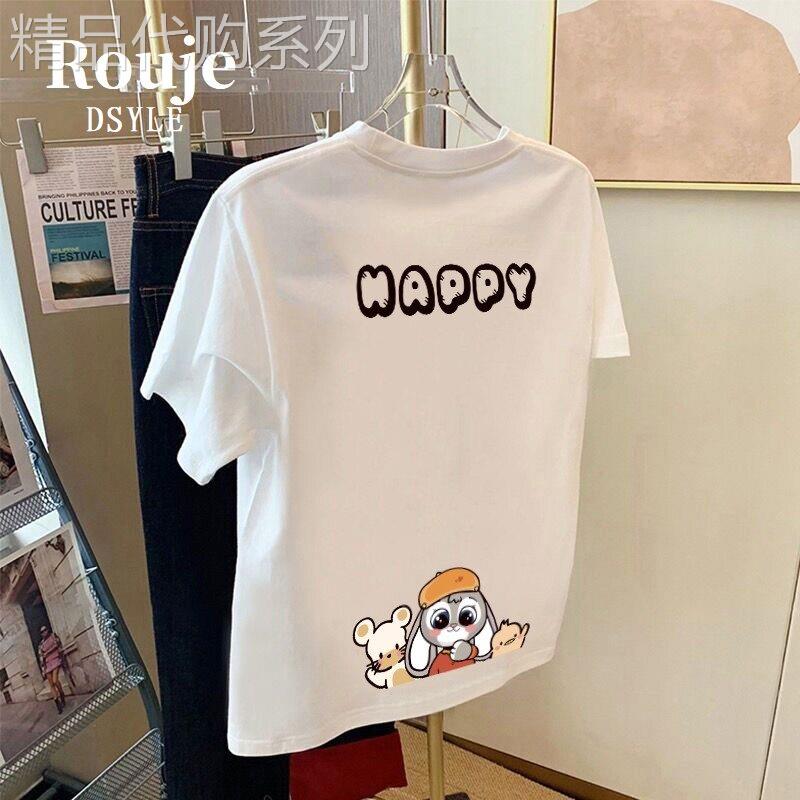 法国Rouje Dsyle正肩短袖t恤女夏季红色宽松卡通印花内搭上衣