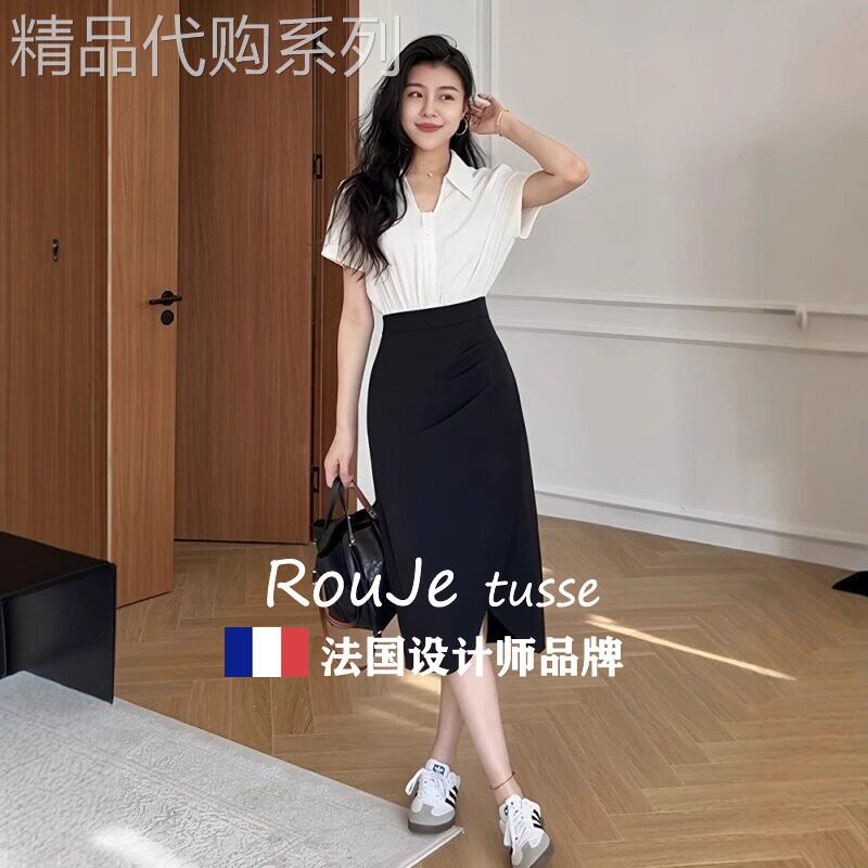 Rouje tusse大码女装假两件连衣裙夏季胖mm修身显瘦长款掐腰裙子