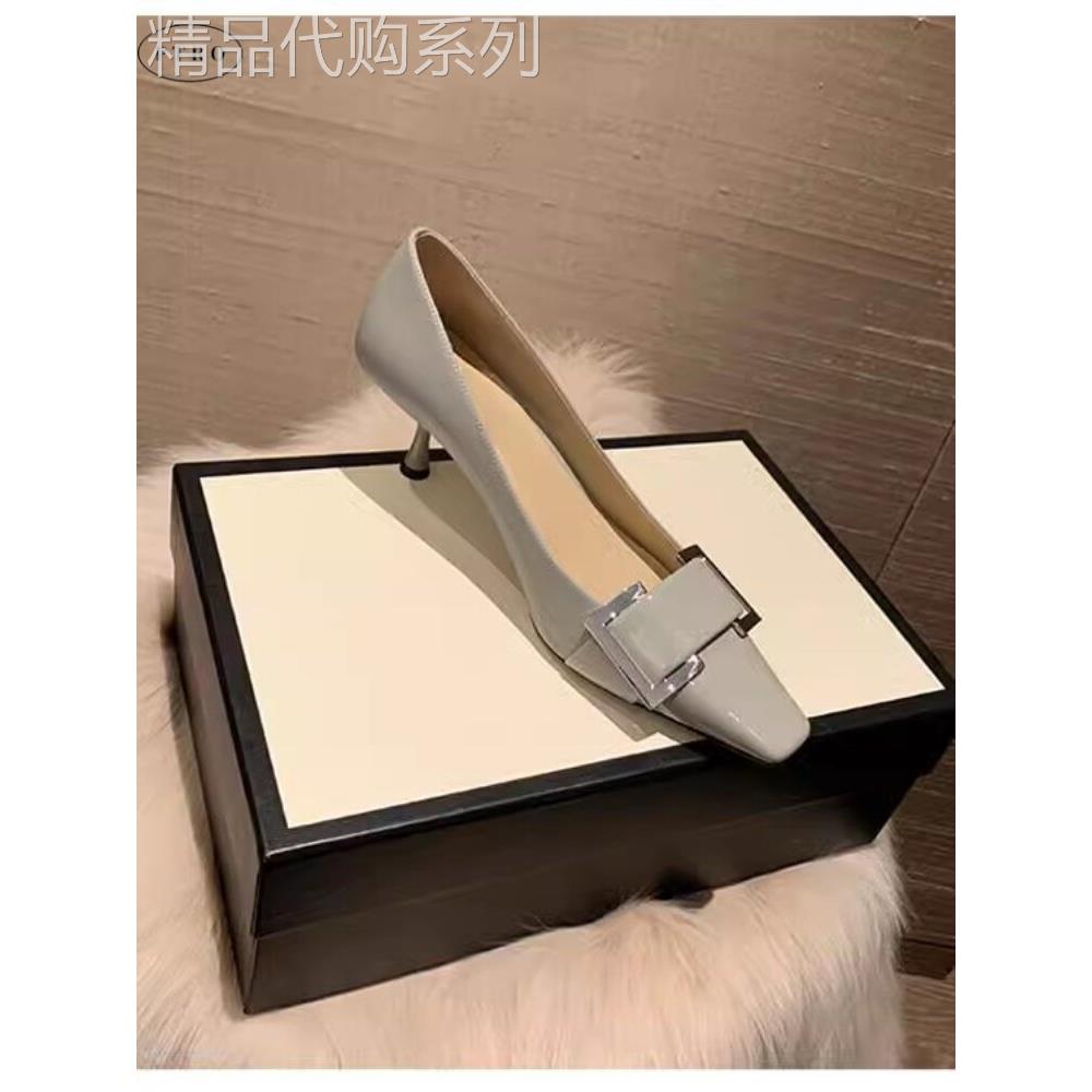 真皮气质高跟鞋女2025春秋新款漆皮软底百搭水钻方扣细跟浅口单鞋