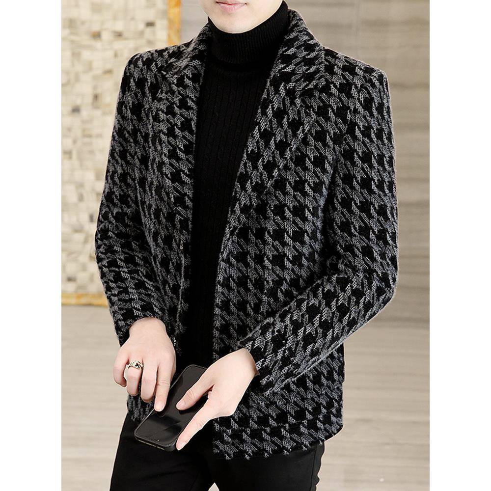 TWG秋冬季毛呢大衣男士金貂绒潮流帅气格子加厚夹克西装领外套男