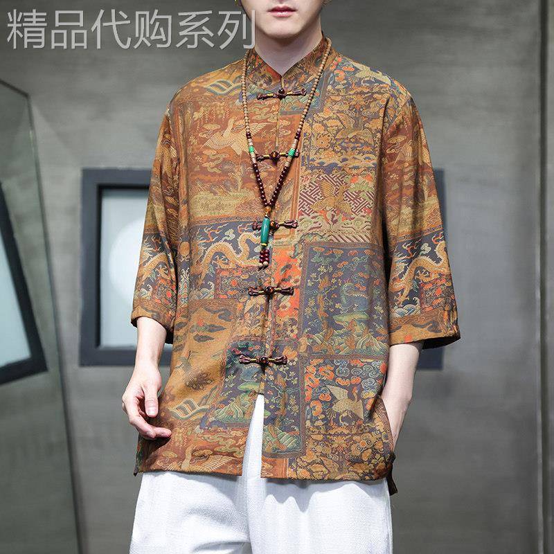 夏季冰丝衬衫短袖垂坠感印花衬衫中国风男装中式覆古唐装半袖外套