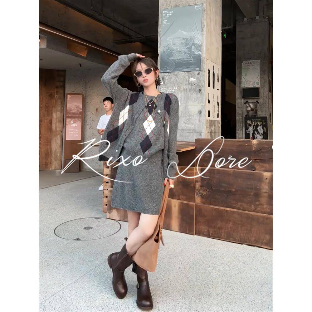 RIXO DORE法式设计感菱格针织开衫女三件套宽松气质优雅毛衣套装