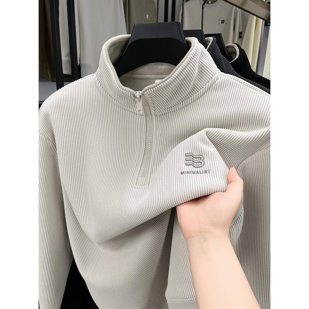 MAROLIO~简约时尚！半拉炼立领加绒卫衣男士秋冬季保暖条绒打底衫